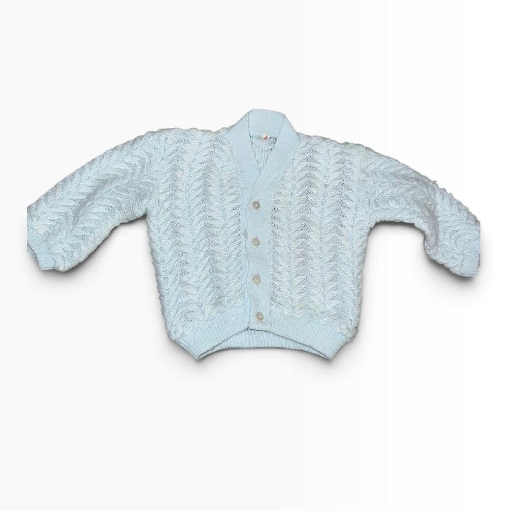 Vintage Handmade Belgium Baby Blue Knit Cardigan Sweater 12 Months